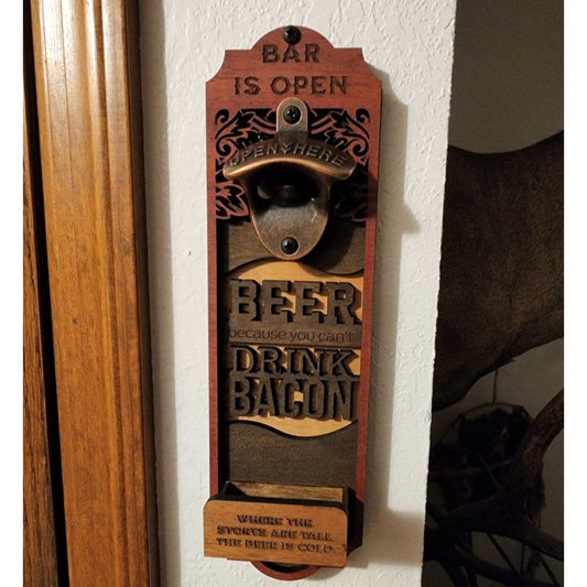 Bottle Opener Wall Mount with Cap Catch makes a great Gift - Hats Signs Patches 3D printing Engraving