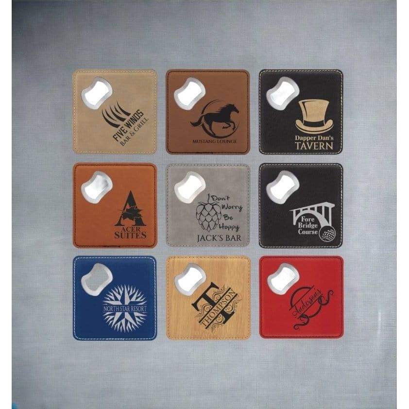 Personalized Leather Coaster Set with Bottle Opener - Set of 5