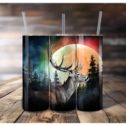 Mystic Buck Deer Sun Set Mountains. Slim 20 ounce tumbler With full color Image - Hats Signs Patches 3D printing Engraving