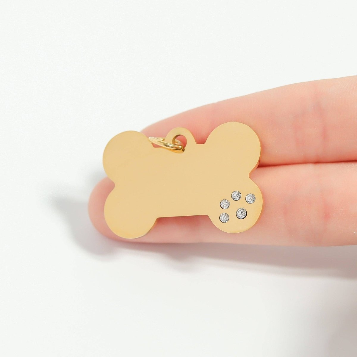 18K Gold PVD Blank Stainless Steel Dog Bone with CZ Stone Paw Pet Tag