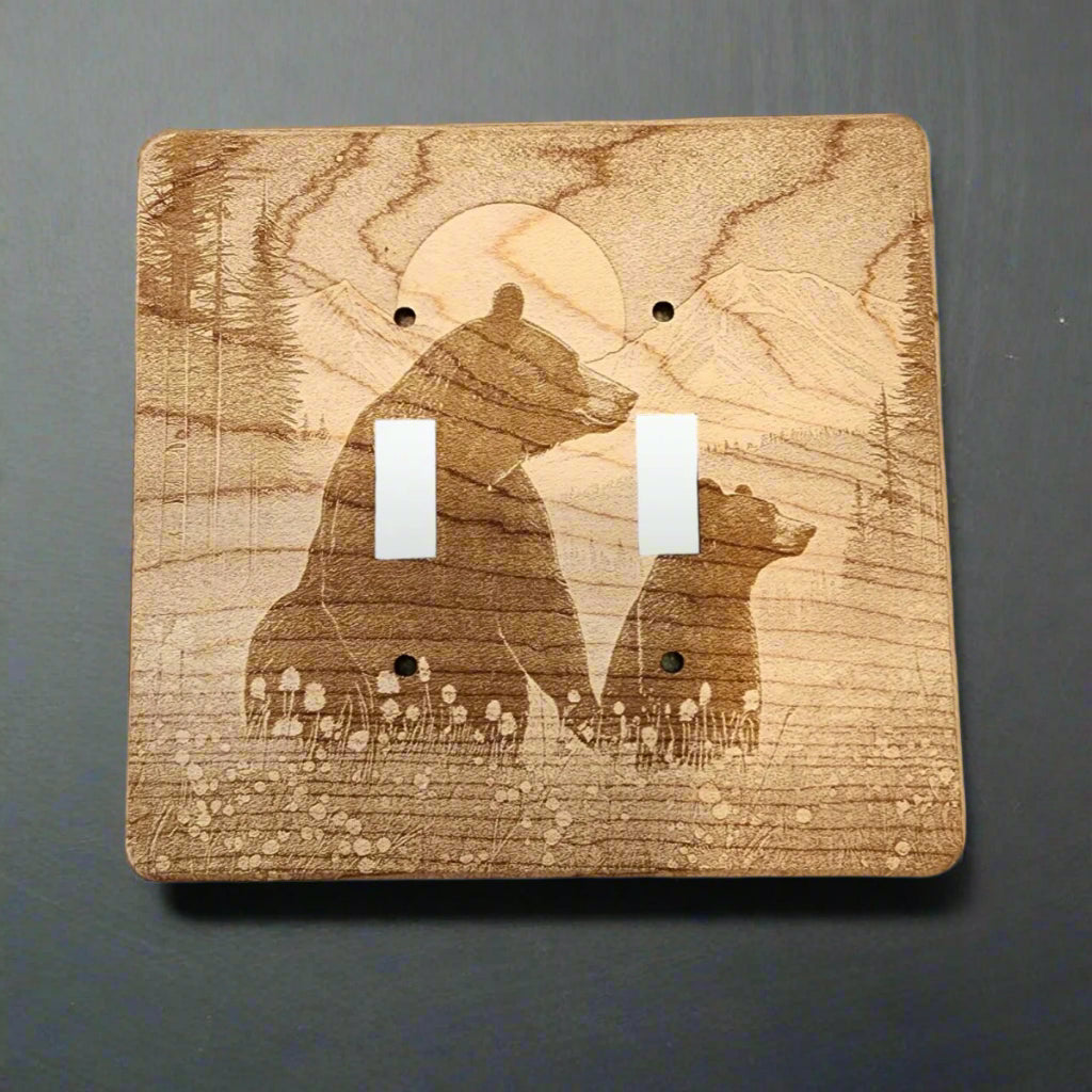 Bear and Cub Light Switch Cover Double Wood Decorative Engraved