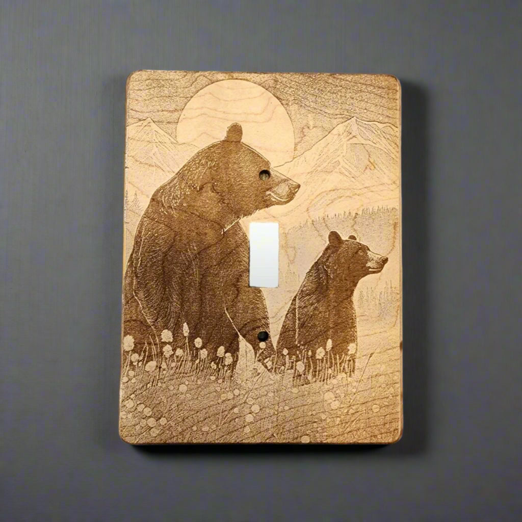 Bear and Cub Light Switch Cover Double Wood Decorative Engraved