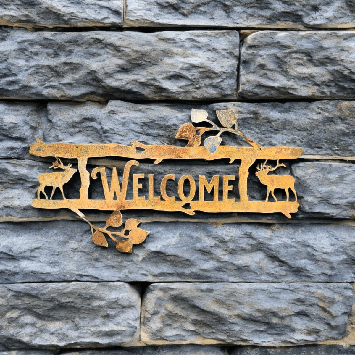 Hand-made rustic aspen 3D metal welcome sign with elk & trees. Perfect for mountain, log cabin, or nature addresses. Custom design with copper patina finish.