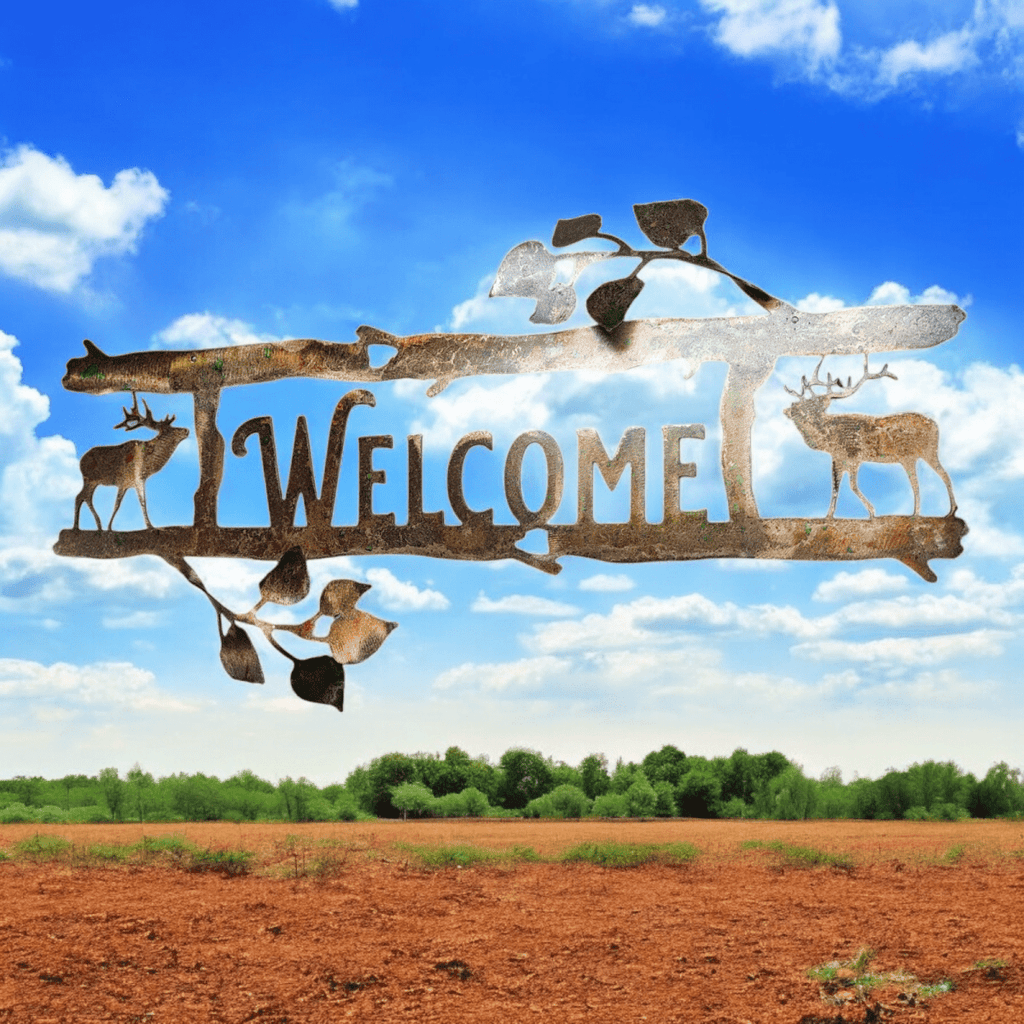 Hand-made rustic aspen 3D metal welcome sign with elk & trees. Perfect for mountain, log cabin, or nature addresses. Custom design with copper patina finish.