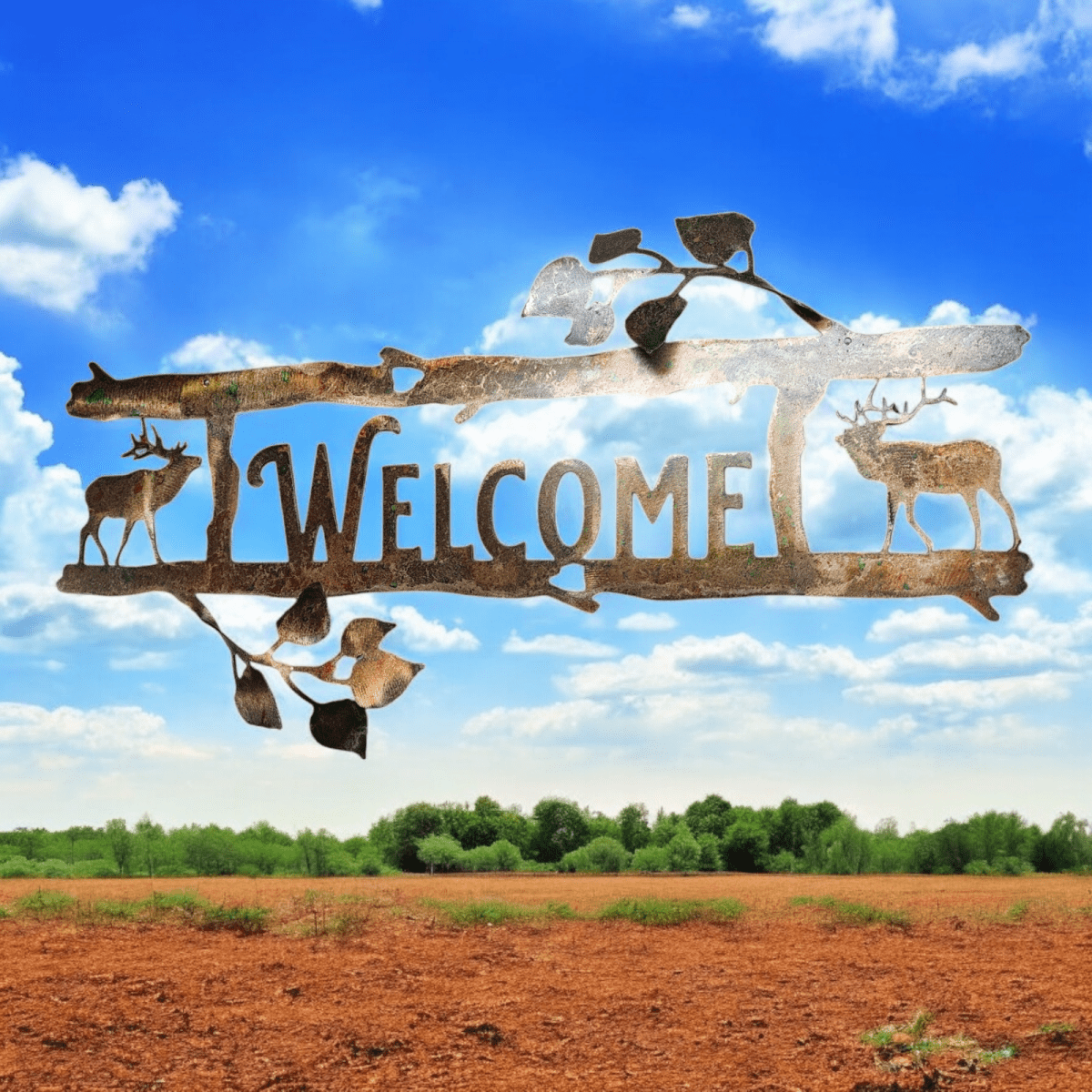 Hand-made rustic aspen 3D metal welcome sign with elk & trees. Perfect for mountain, log cabin, or nature addresses. Custom design with copper patina finish.