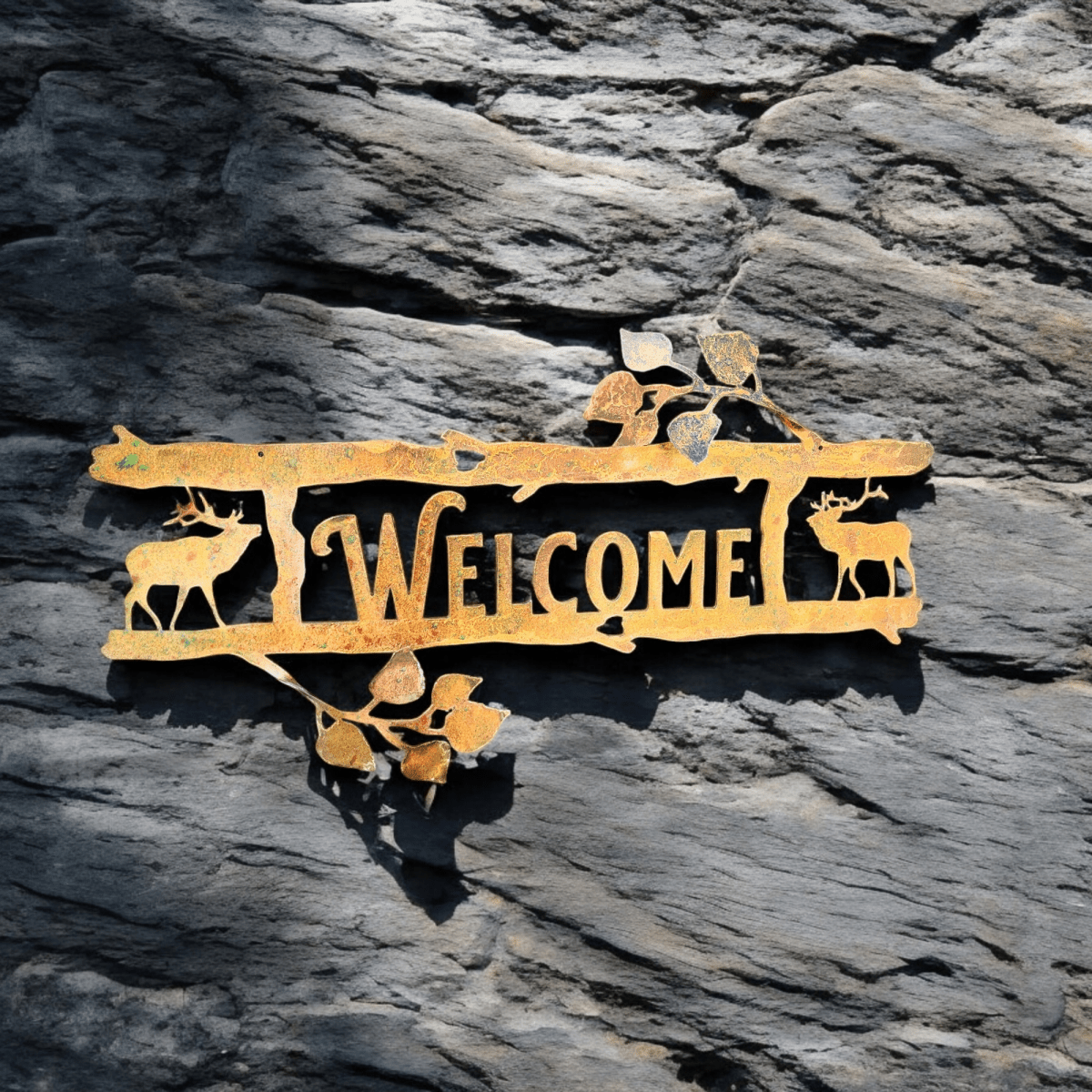 Hand-made rustic aspen 3D metal welcome sign with elk & trees. Perfect for mountain, log cabin, or nature addresses. Custom design with copper patina finish.