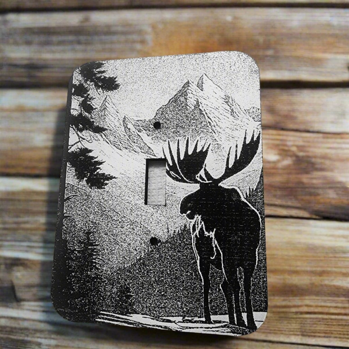 Handmade Double Wood Light Switch Cover with engraved design—a charming touch of country kitchen art. Crafted from quality wood, this rustic cover adds warmth and character to any room. A unique blend of function and farmhouse styleMoose Art