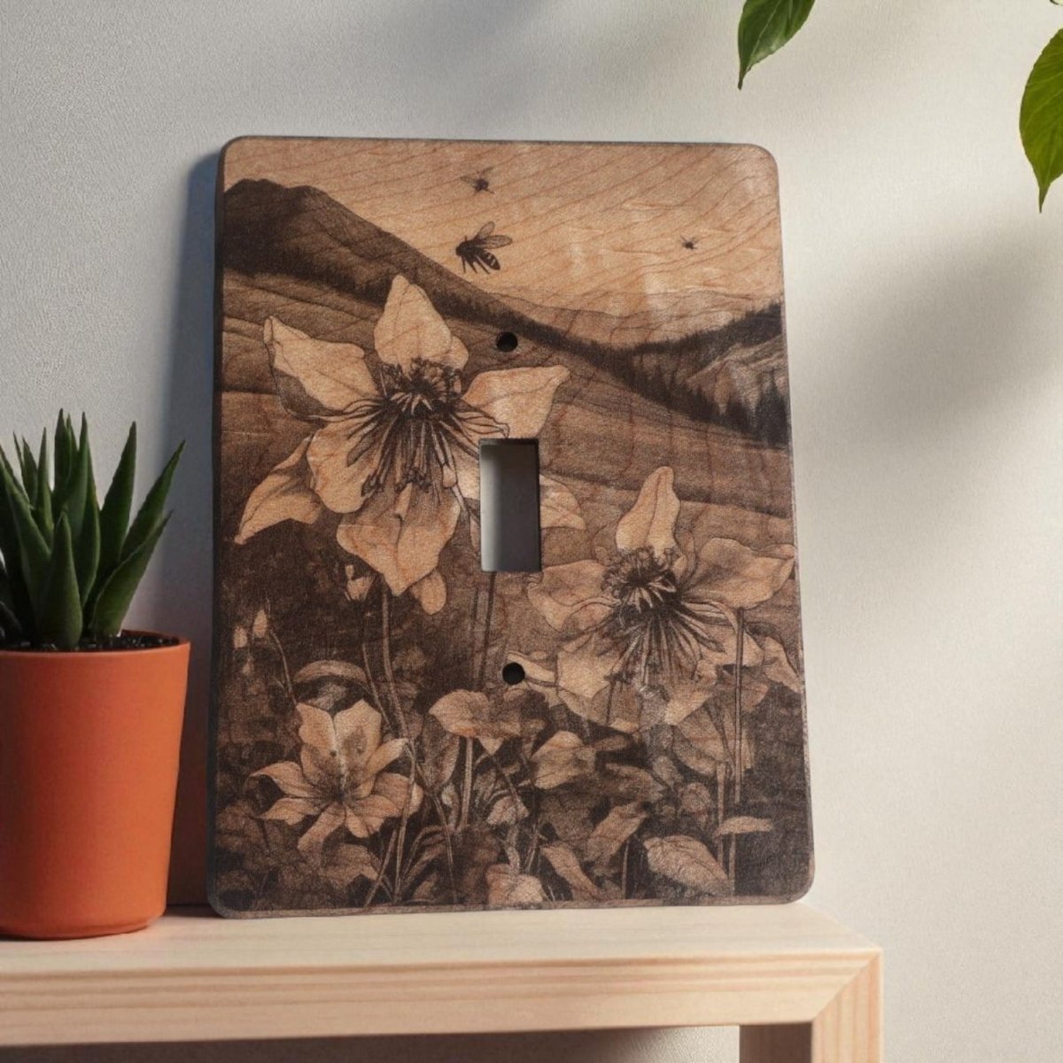 Light Switch Cover Double Wood Hand Made Engraved Country Kitchen Art