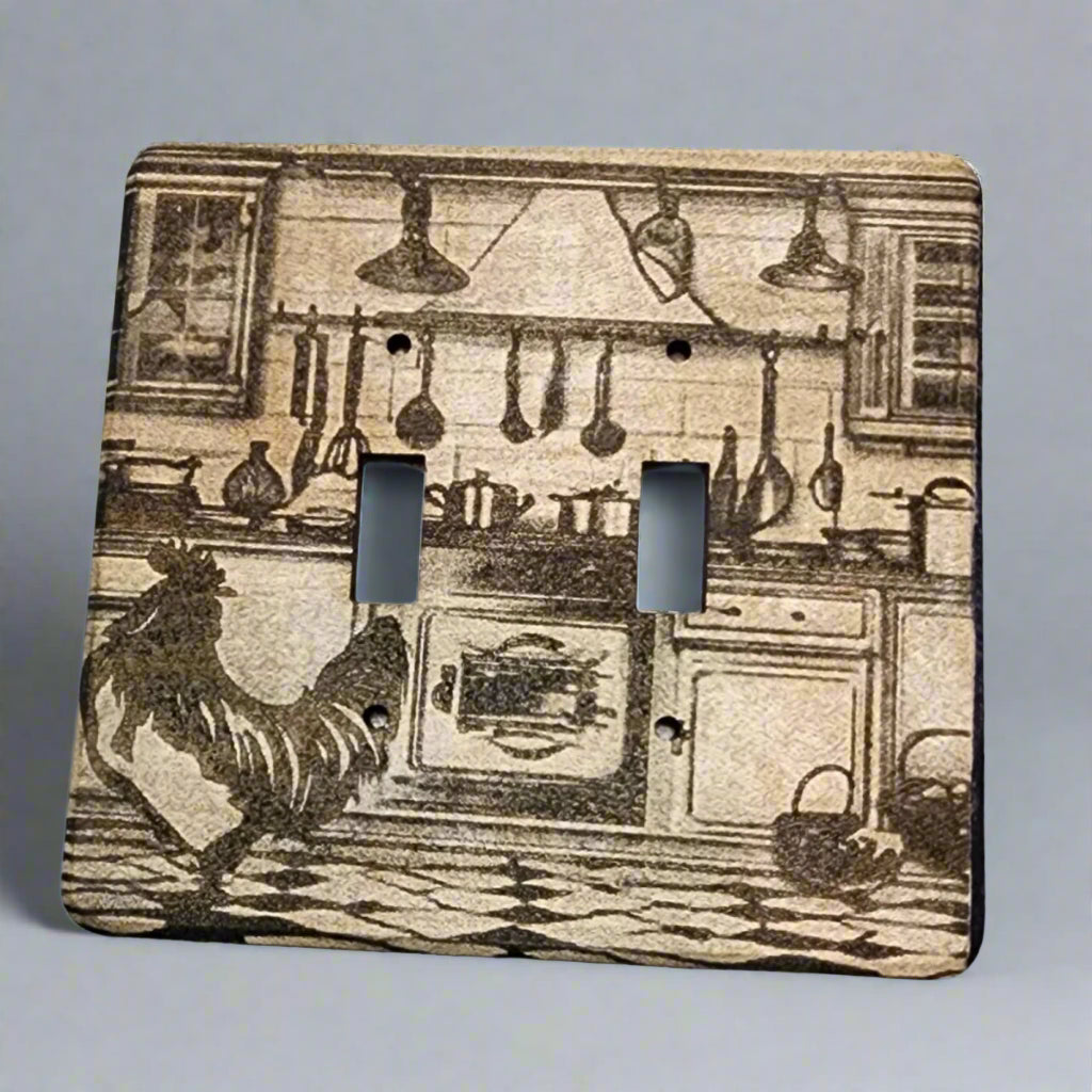 Handmade Double Wood Light Switch Cover with engraved design—a charming touch of country kitchen art. Crafted from quality wood, this rustic cover adds warmth and character to any room. A unique blend of function and farmhouse style