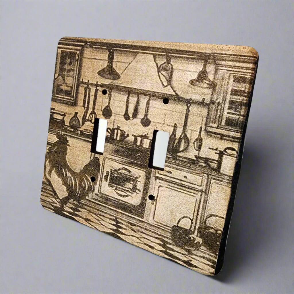 Handmade Double Wood Light Switch Cover with engraved design—a charming touch of country kitchen art. Crafted from quality wood, this rustic cover adds warmth and character to any room. A unique blend of function and farmhouse style