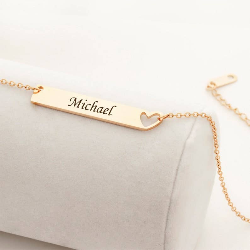 Personalized Rose Gold Heart Bar Name Necklace