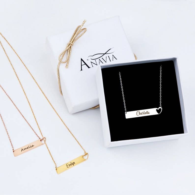 Personalized Rose Gold Heart Bar Name Necklace