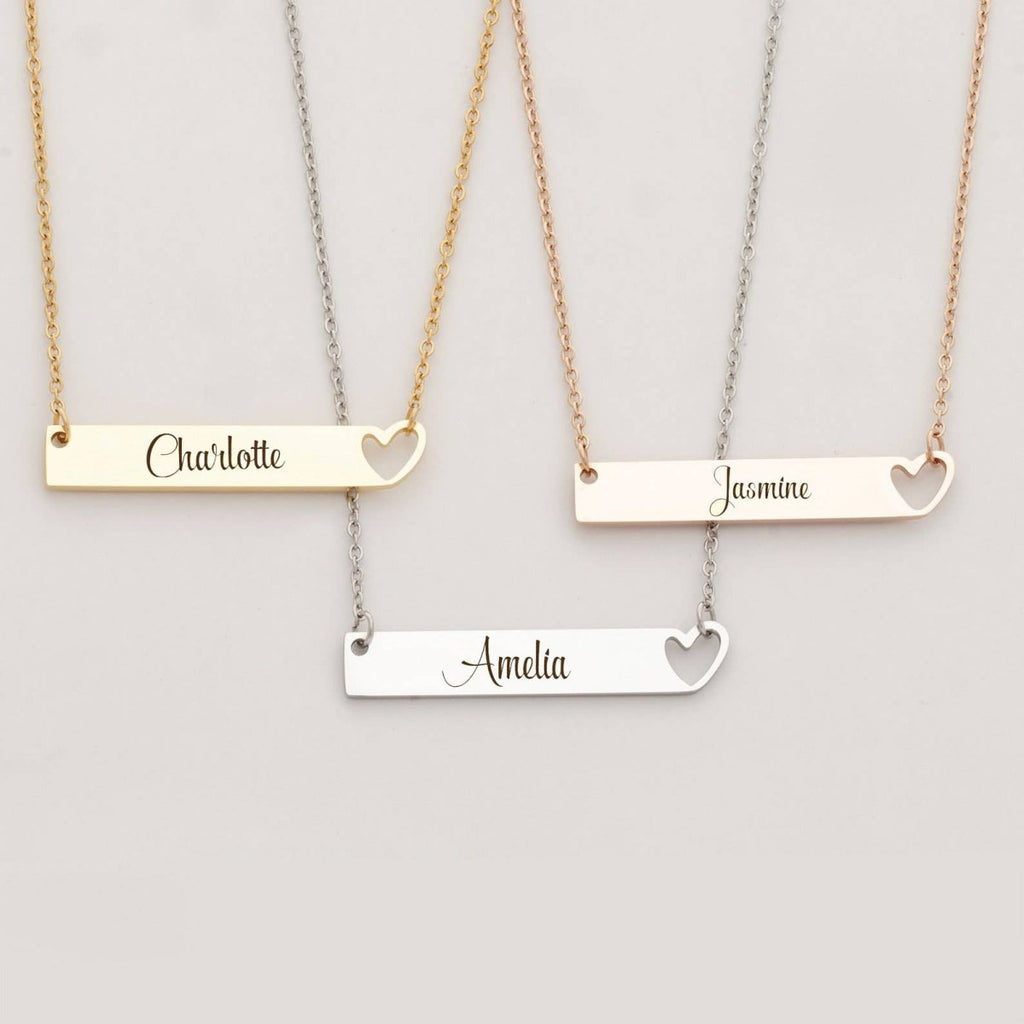 Personalized Rose Gold Heart Bar Name Necklace