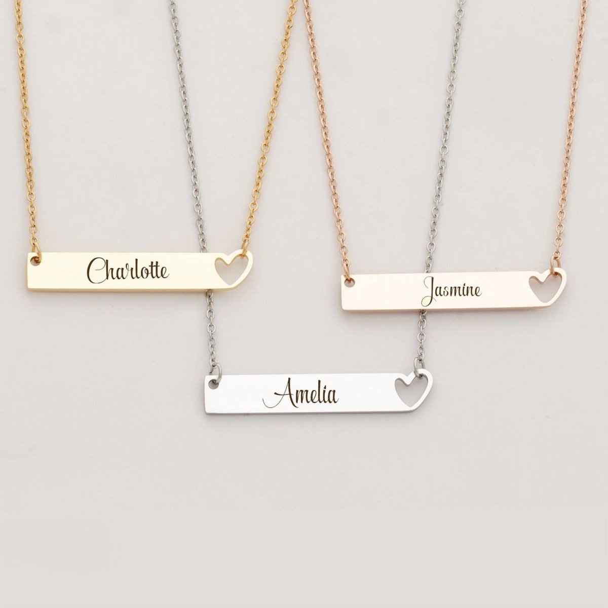 Personalized Rose Gold Heart Bar Name Necklace