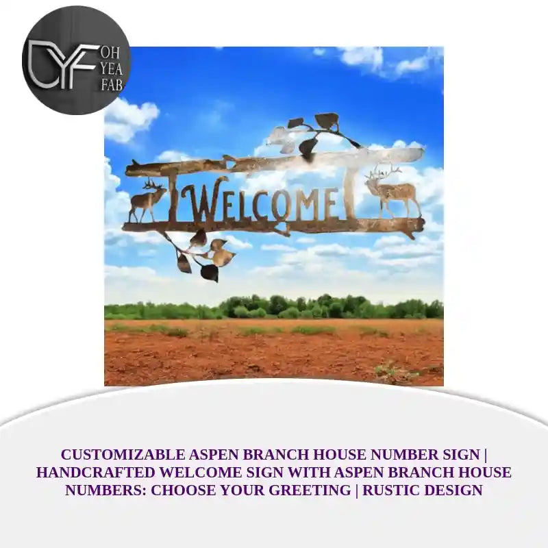 Customizable Aspen Branch House Number Sign | Handcrafted Welcome Sign with Aspen Branch House Numbers: Choose Your Greeting | Rustic Design by@Outfy