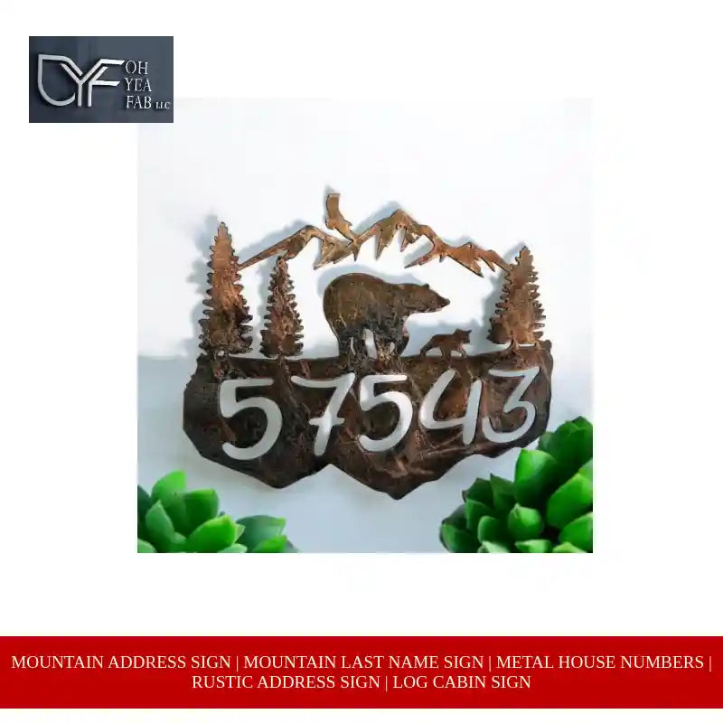 Mountain Address Sign | Mountain Last Name Sign | Metal House Numbers | Rustic Address Sign | Log Cabin Sign by@Outfy