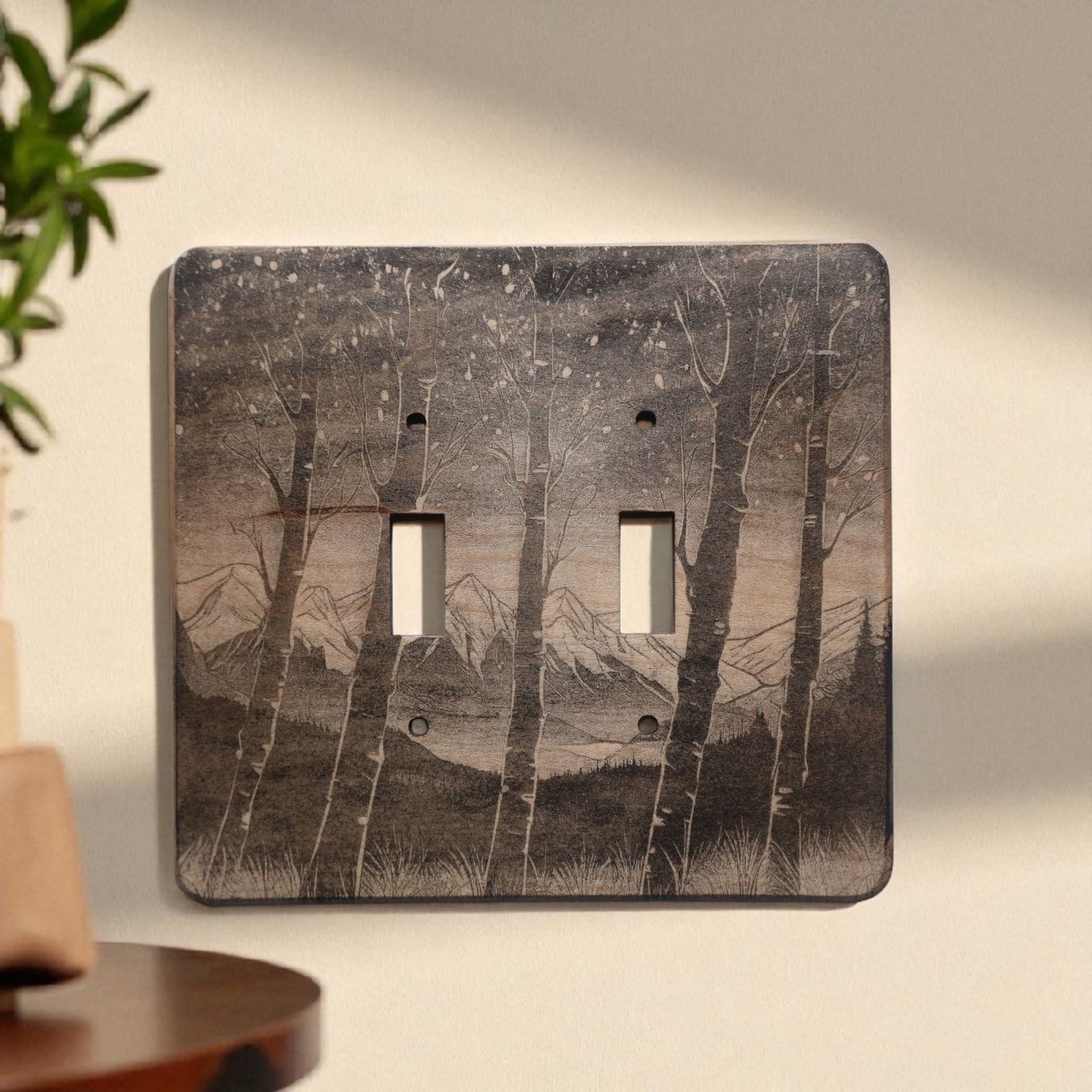 Light Switch Cover Double Wood Hand Made Engraved Country Kitchen Art