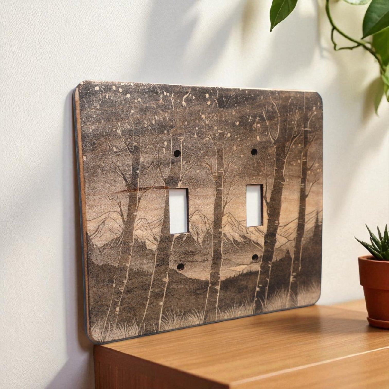 Light Switch Cover Double Wood Hand Made Engraved Country Kitchen Art
