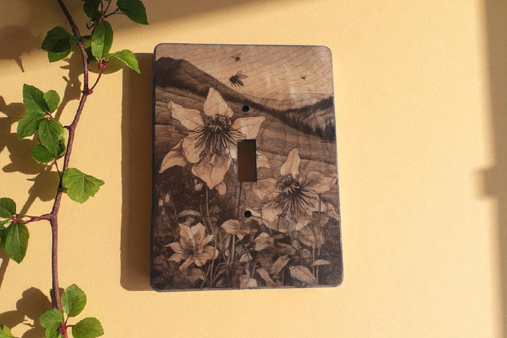 Light Switch Cover Double Wood Hand Made Engraved Country Kitchen Art