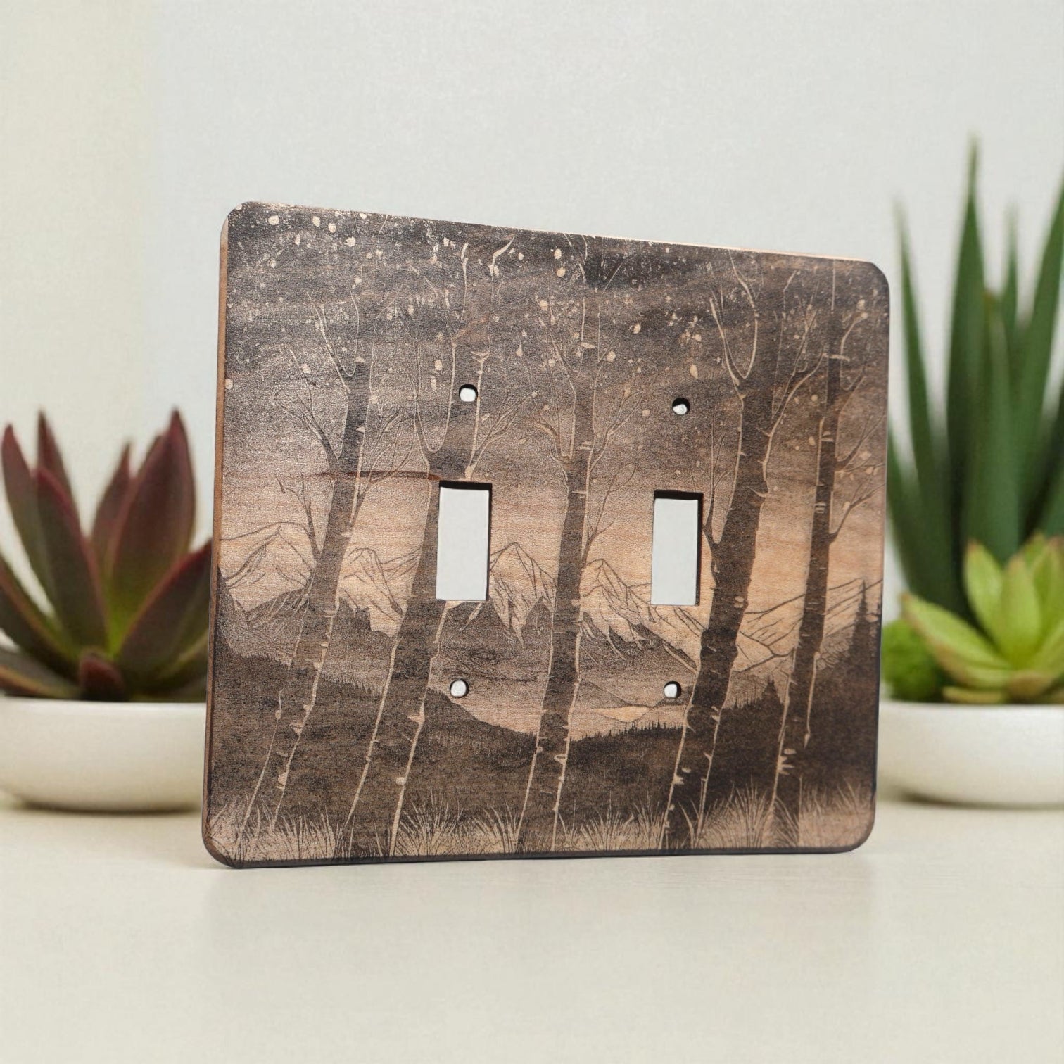 Light Switch Cover Double Wood Hand Made Engraved Country Kitchen Art