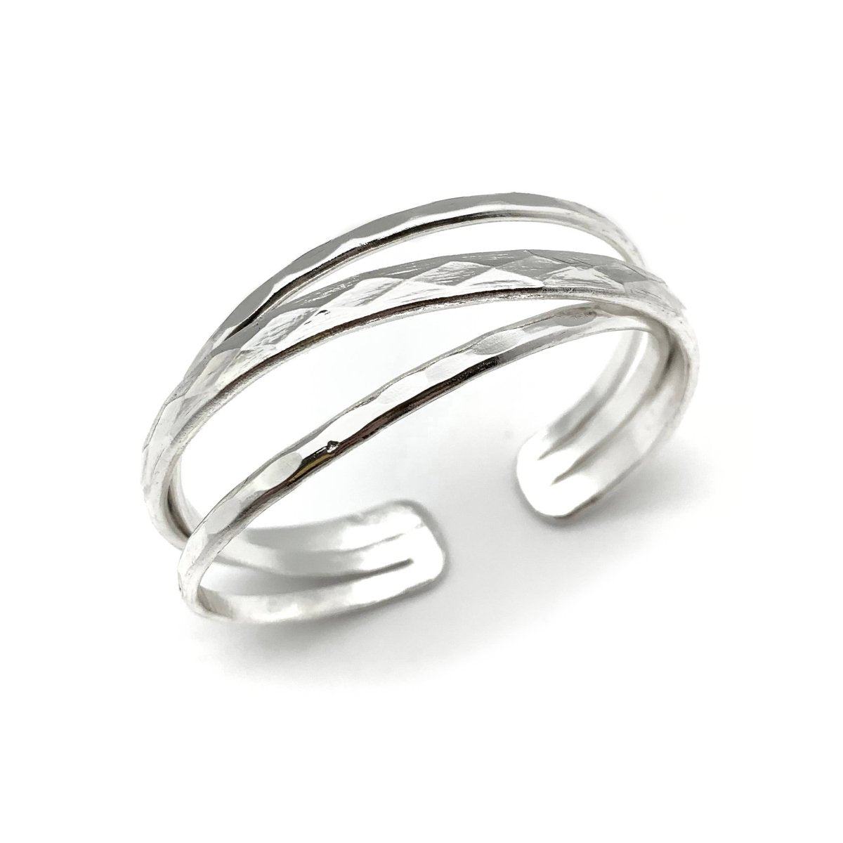 Silver Plated Adjustable Cuff Bracelet - Stacked Thin Bands