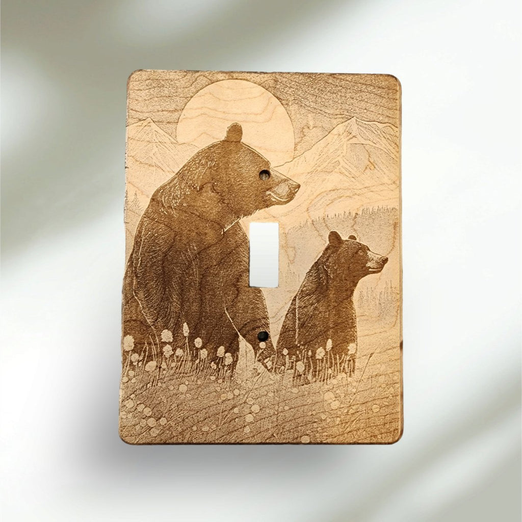 Bear and Cub Light Switch Cover Single Wood Hand Made Decorative