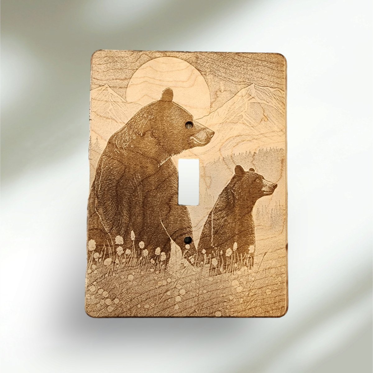Bear and Cub Light Switch Cover Single Wood Hand Made Decorative