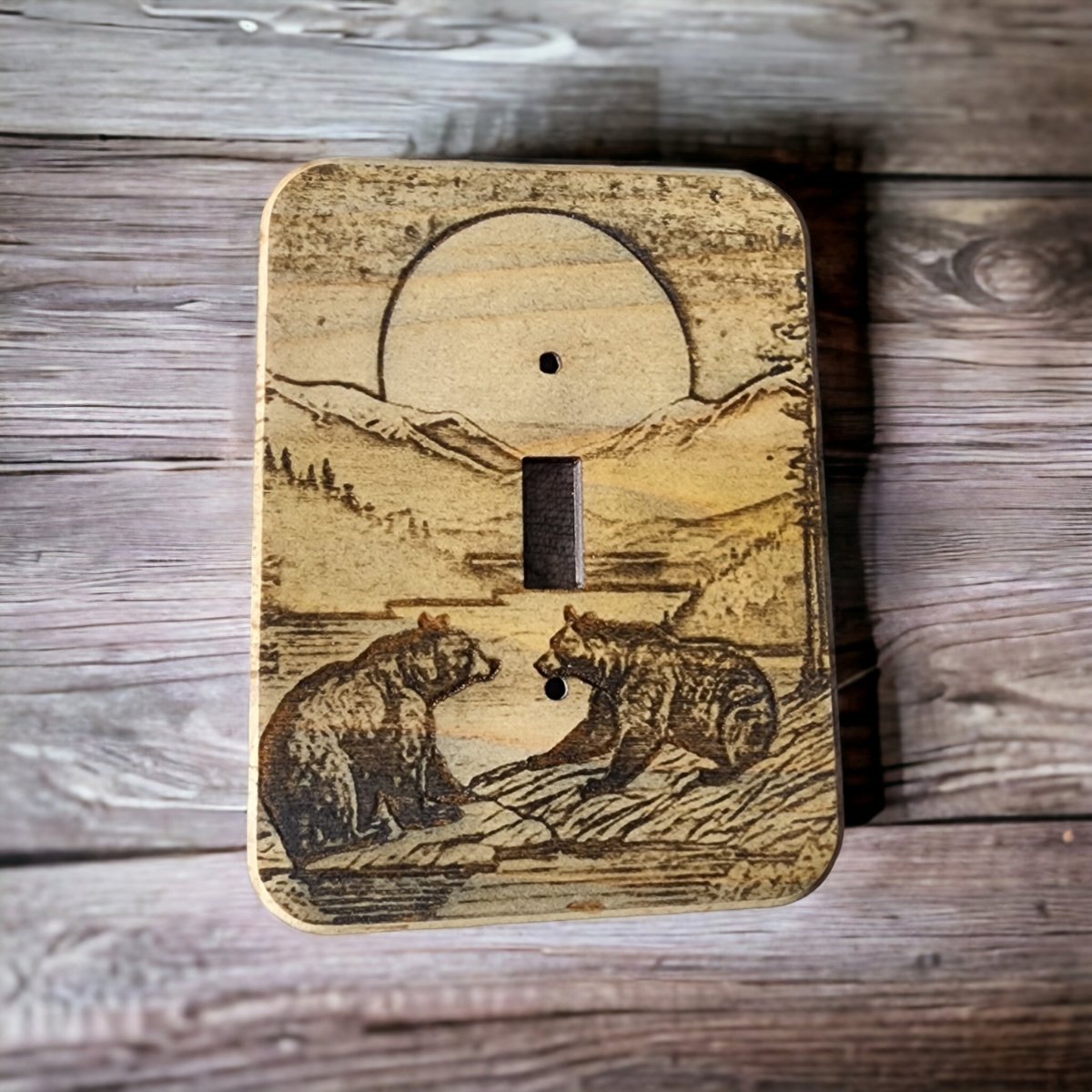 Bear and Cub Light Switch Cover Single Wood Hand Made Decorative