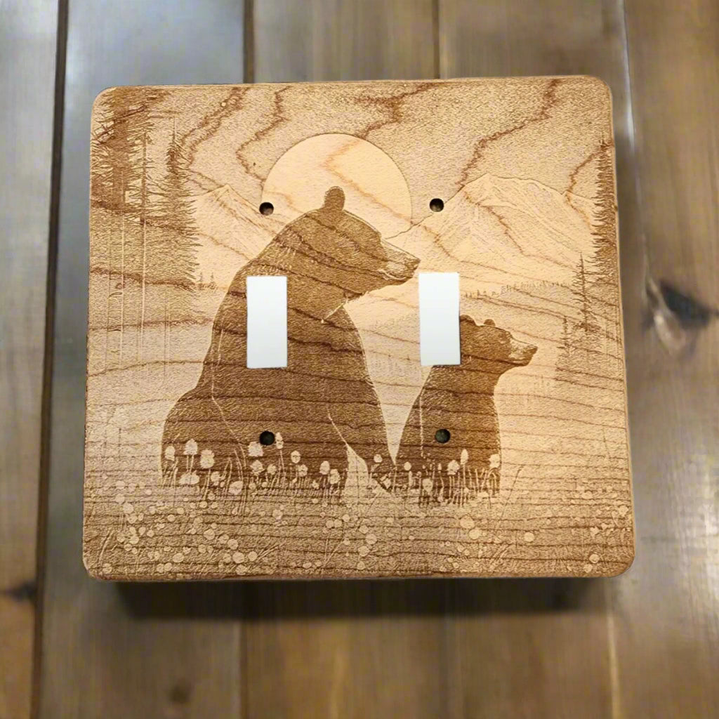 Bear and Cub Light Switch Cover Single Wood Hand Made Decorative