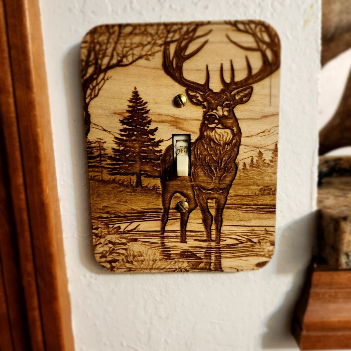 Bears at Play Light Switch Cover Single Wood Hand Made Decorative Engraved