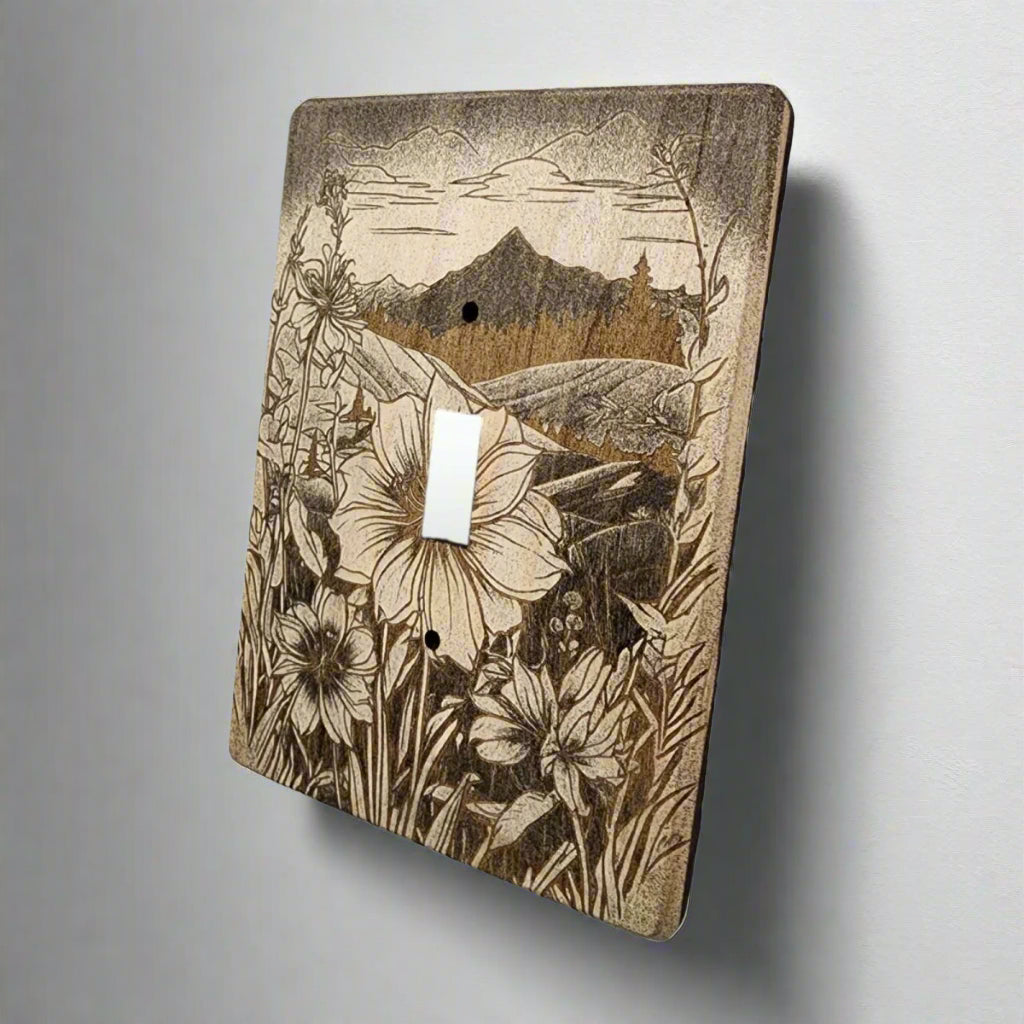Mountain Meadow Decorative Light Switch Cover Covers Single Wood Hand Made Engraved