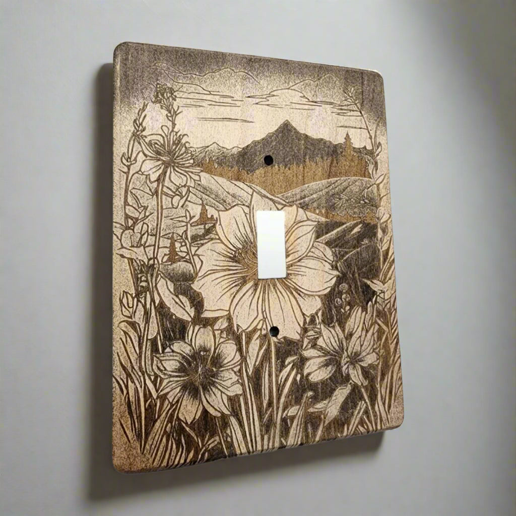 Mountain Meadow Decorative Light Switch Cover Covers Single Wood Hand Made Engraved