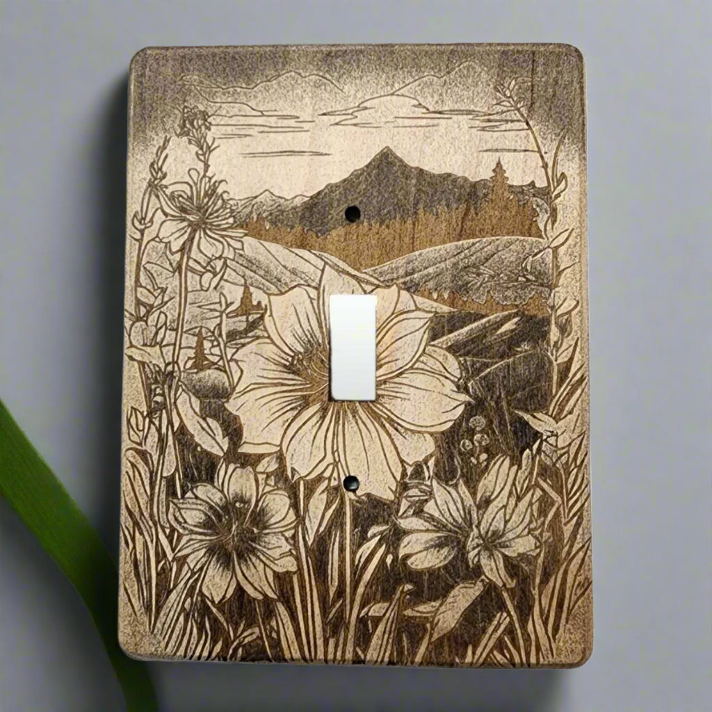 Mountain Meadow Decorative Light Switch Cover Covers Single Wood Hand Made Engraved