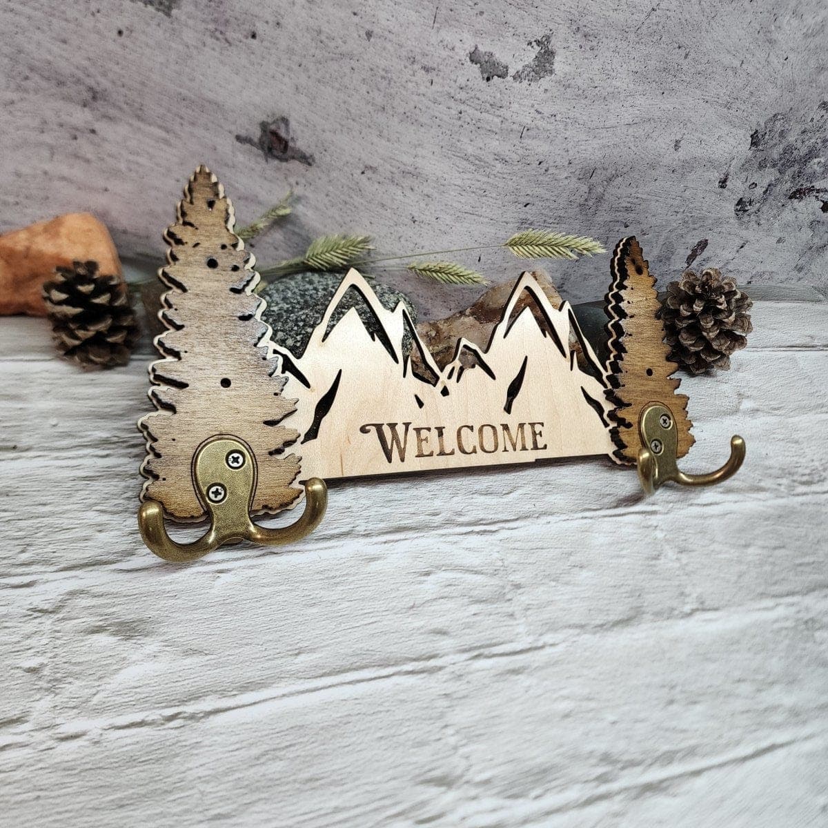 Double Hook Hanger Mountains with Pine Trees - Hats Signs Patches 3D printing Engraving