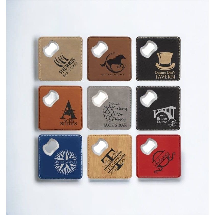 Personalized Leather Coaster Set with Bottle Opener - Set of 5