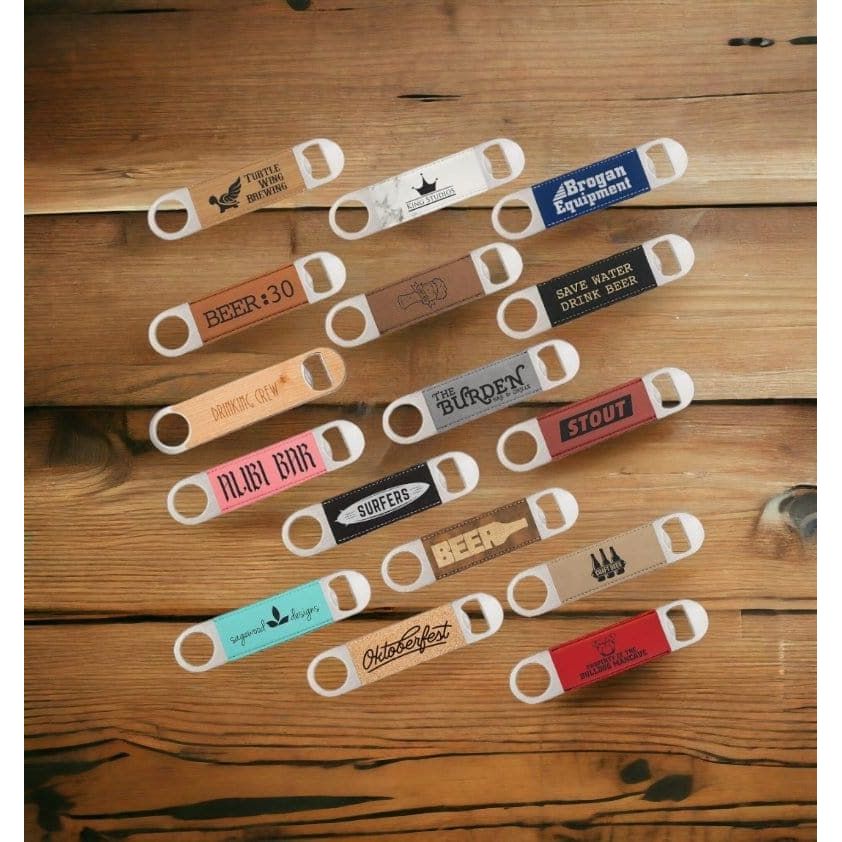 Leatherette Bottle Opener Key Chain ( Set of 5 ) With your Monogram Logo Image or Names a Great gift