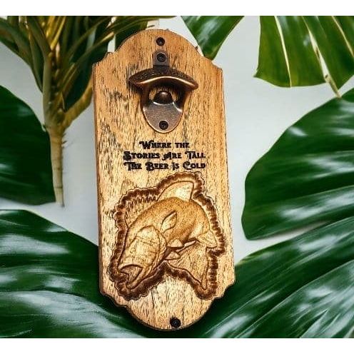 You Catch'Em Bottle Opener Wall Mount with Engraving and Wood Carving